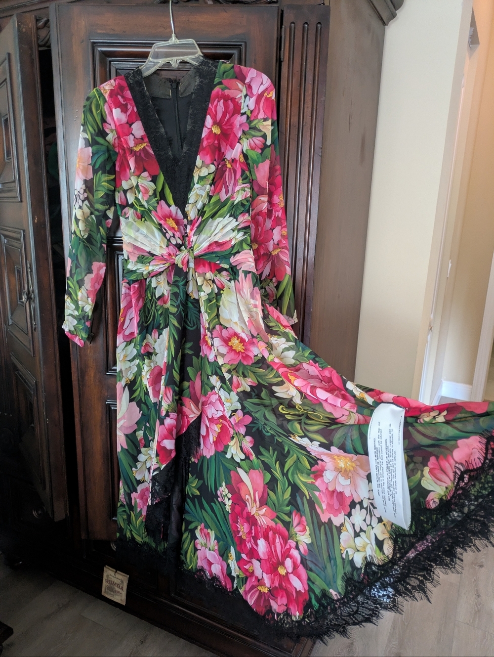 NWT $529 Tadashi Shoji Iola Floral Print Wrap Dress black lace trim size 2 - Picture 3 of 5